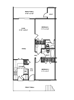 Floor plan for 2 beds, 1.5 baths, 989 sqft
